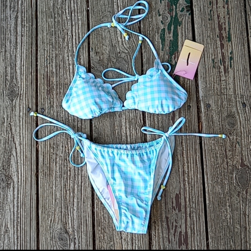 Gangnam plaid scallop top bikini beaded strings